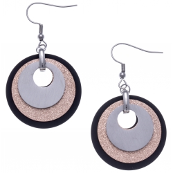 Boucles d'oreille acier 3 tons - acier,  rose satiné et noir - 3 ronds - diamètre 3cm