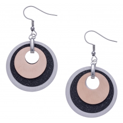 Boucles d'oreille acier 3 tons - rosé,  noir satiné et acier - 3 ronds - diamètre 3cm