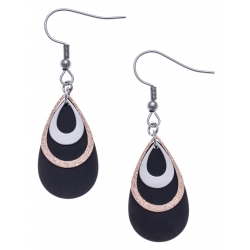 Boucles d'oreille acier 3 tons - acier, rosé satiné et noir - 3 gouttes - hauteur 2,5cm