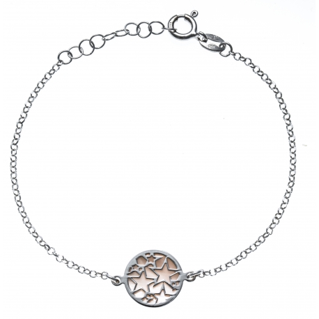 Bracelet argent rhodié 2,5g - nacre rose - étoiles - diamètre 14mm - longueur 17+3cm