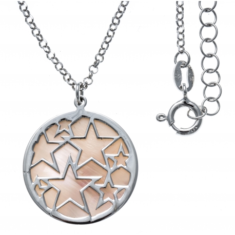 Collier argent rhodié 5,3g - nacre rose - étoiles - diamètre 22mm - longueur 40+5cm