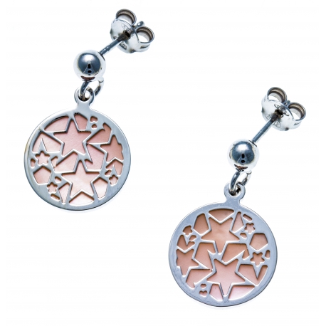 Boucles d'oreille argent rhodié 2,8g  - nacre rose - étoiles - diamètre 14mm