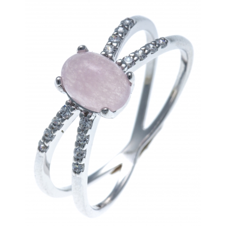 Bague argent rhodié 1,7g - quarzite teintée rose et zircons - T50 à 60