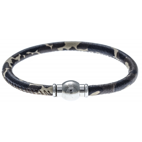 Bracelet acier Apollon - cuir véritable - impression militaire kaki, noir - fermoir Plug&Go - 18,5cm