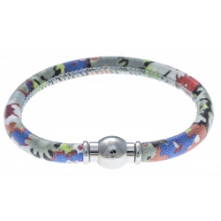 Bracelet acier Apollon - cuir véritable - impression fleurs multicolores dominante grise - fermoir Plug&Go - 18,5cm