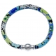 Bracelet acier Apollon - cuir véritable - impression fleurs multicolores dominante bleue - fermoir Plug&Go - 18,5cm