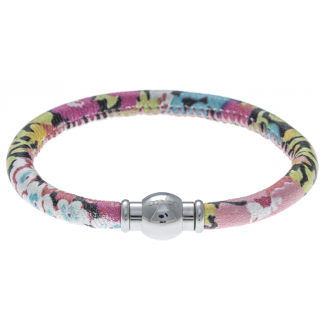 Bracelet acier Apollon - cuir véritable - impression fleurs multicolores dominante rose - fermoir Plug&Go - 18,5cm