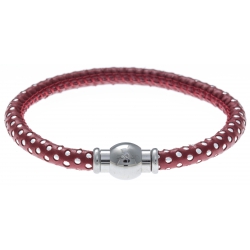 Bracelet acier Apollon - cuir véritable - impression petit pois rouge et argenté - fermoir Plug&Go - 18,5cm