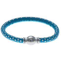 Bracelet acier Apollon - cuir véritable - impression petit pois bleu clair et argenté - fermoir Plug&Go - 18,5cm