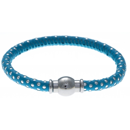 Bracelet acier Apollon - cuir véritable - impression petit pois bleu clair et argenté - fermoir Plug&Go - 18,5cm