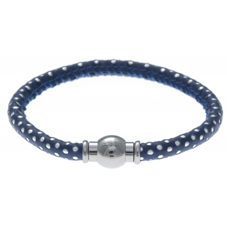 Bracelet acier Apollon - cuir véritable - impression petit pois bleu foncé et argenté - fermoir Plug&Go - 18,5cm