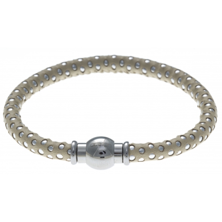 Bracelet acier Apollon - cuir véritable - impression petit pois beige et argenté - fermoir Plug&Go - 18,5cm