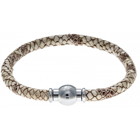 Bracelet acier Apollon - cuir véritable - impression peau de serpent beige - fermoir Plug&Go - 18,5cm