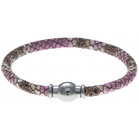 Bracelet acier Apollon - cuir véritable - impression peau de serpent fushia - fermoir Plug&Go - 18,5cm