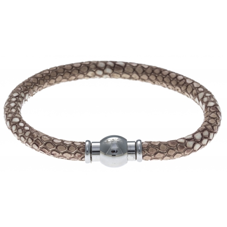 Bracelet acier Apollon - cuir véritable - impression python marron clair - fermoir Plug&Go - 18,5cm