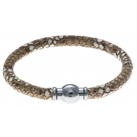 Bracelet acier Apollon - cuir véritable - impression python marron  - fermoir Plug&Go - 18,5cm