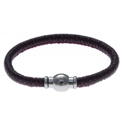 Bracelet acier Apollon - cuir véritable - impression vintage fushia et noire - fermoir Plug&Go - 18,5cm