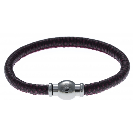 Bracelet acier Apollon - cuir véritable - impression vintage fushia et noire - fermoir Plug&Go - 18,5cm