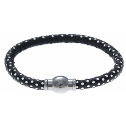 Bracelet acier Apollon - cuir véritable - impression petit pois noir et argenté - fermoir Plug&Go - 18,5cm