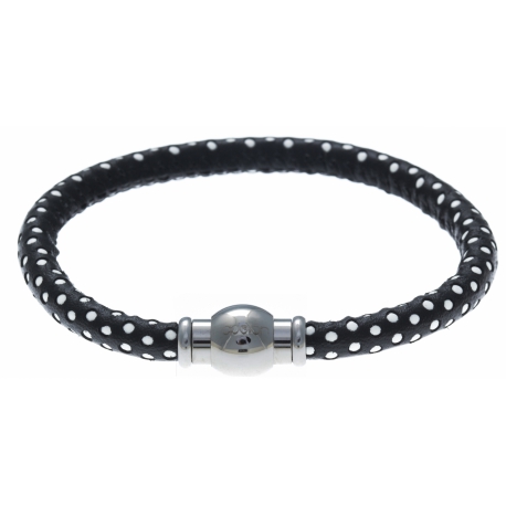 Bracelet acier Apollon - cuir véritable - impression petit pois noir et argenté - fermoir Plug&Go - 18,5cm