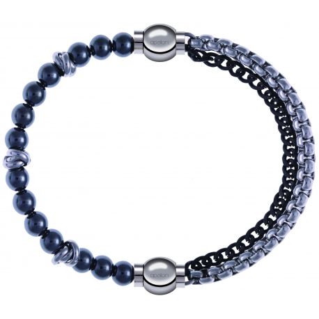 Apollon - Collection MiX - bracelet combinable hématite 6mm - 10cm + chaines 2 tons noir et blancs - 10,25cm