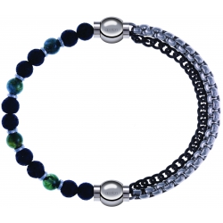 Apollon - Collection MiX - bracelet agate teintée verte - pierre de lave 6mm - 10,75cm + chaines 2 tons noir et blancs - 10,25cm