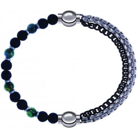 Apollon - Collection MiX - bracelet agate teintée verte - pierre de lave 6mm - 10,75cm + chaines 2 tons noir et blancs - 10,25cm