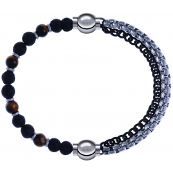 Apollon - Collection MiX - bracelet - oeil de tigre - pierre de lave 6mm - 10,75cm + chaines 2 tons noir et blancs - 10,25cm