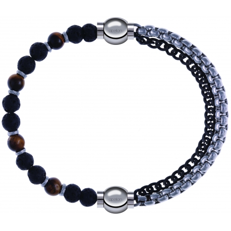 Apollon - Collection MiX - bracelet - oeil de tigre - pierre de lave 6mm - 10,75cm + chaines 2 tons noir et blancs - 10,25cm