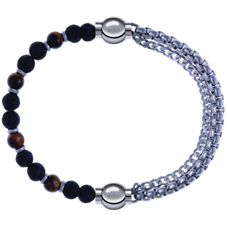 Apollon - Collection MiX - bracelet combinable oeil de tigre - pierre de lave 6mm - 10,75cm + chaines - 10,25cm