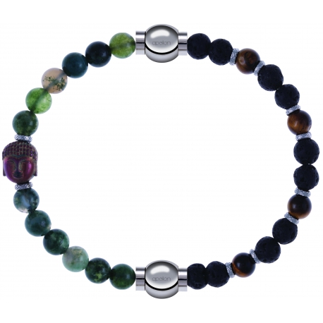 Apollon - Collection MiX - bracelet combinable agate verte 6mm - Bouddha - 10cm + oeil de tigre - pierre de lave 6mm - 10,75cm