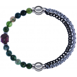 Apollon - Collection MiX - bracelet combinable agate verte 6mm - Bouddha - 10cm + chaines 2 tons noir et blancs - 10,25cm