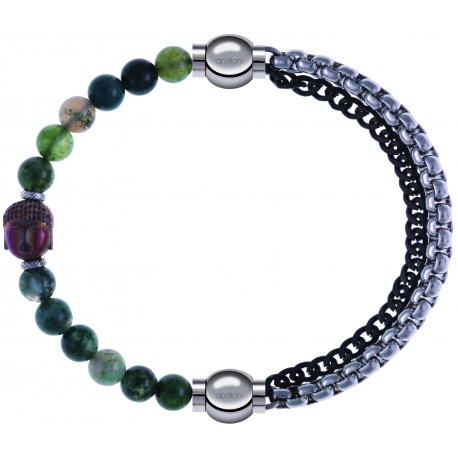 Apollon - Collection MiX - bracelet combinable agate verte 6mm - Bouddha - 10cm + chaines 2 tons noir et blancs - 10,25cm