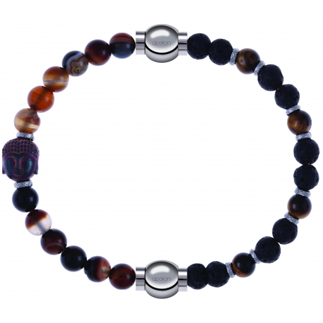 Apollon - Collection MiX - bracelet combinable agate marron 6mm - Bouddha - 10cm + oeil de tigre - pierre de lave 6mm - 10,75cm