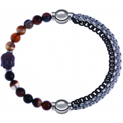 Apollon - Collection MiX - bracelet combinable agate marron 6mm - Bouddha - 10cm + chaines 2 tons noir et blancs - 10,25cm