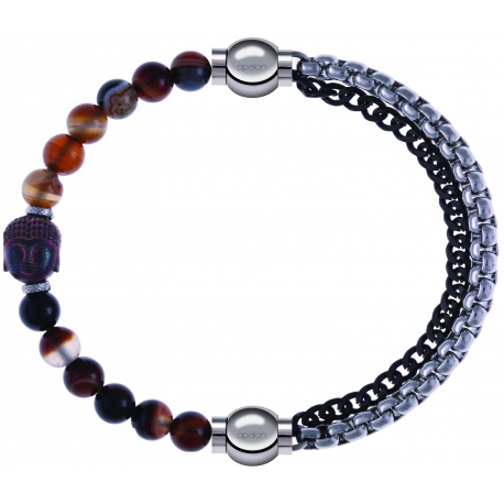 Apollon - Collection MiX - bracelet combinable agate marron 6mm - Bouddha - 10cm + chaines 2 tons noir et blancs - 10,25cm