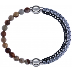 Apollon - Collection MiX - bracelet combinable agate jaspe 6mm - 10,25cm + chaines 2 tons noir et blancs - 10,25cm