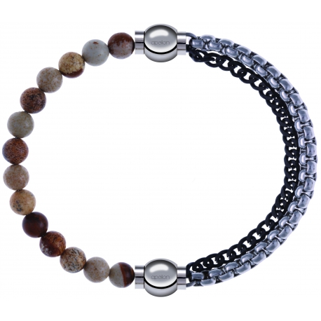 Apollon - Collection MiX - bracelet combinable agate jaspe 6mm - 10,25cm + chaines 2 tons noir et blancs - 10,25cm