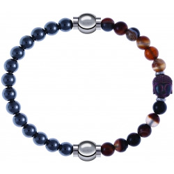 Apollon - Collection MiX - bracelet combinable hématite 6mm - 10,25cm + agate marron 6mm - Bouddha - 10cm