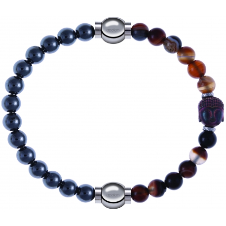 Apollon - Collection MiX - bracelet combinable hématite 6mm - 10,25cm + agate marron 6mm - Bouddha - 10cm