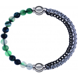 Apollon - Collection MiX - bracelet combinable agate indienne teintée 6mm - 10,25cm + chaines 2 tons noir et blancs - 10,25cm