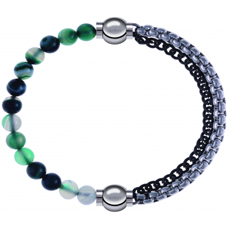 Apollon - Collection MiX - bracelet combinable agate indienne teintée 6mm - 10,25cm + chaines 2 tons noir et blancs - 10,25cm