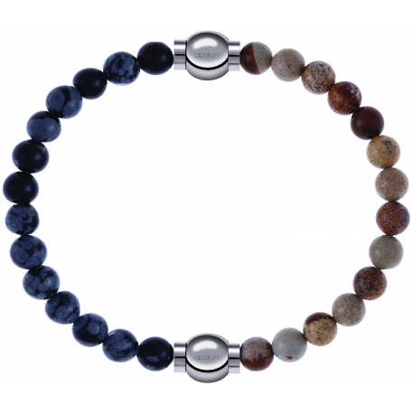 Apollon - Collection MiX - bracelet combinable obsidienne neige 6mm - 10,25cm + agate jaspe 6mm - 10,25cm