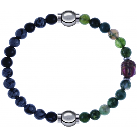 Apollon - Collection MiX - bracelet combinable obsidienne neige 6mm - 10,25cm + agate verte 6mm - Bouddha - 10cm