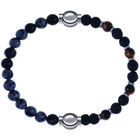 Apollon - Collection MiX - bracelet combinable obsidienne neige 6mm - 10,25cm + oeil de tigre - pierre de lave 6mm - 10,75cm