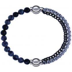 Apollon - Collection MiX - bracelet combinable obsidienne neige 6mm - 10,25cm + chaines 2 tons noir et blancs - 10,25cm