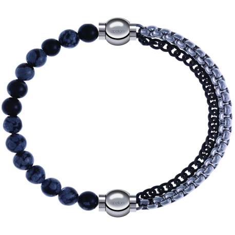 Apollon - Collection MiX - bracelet combinable obsidienne neige 6mm - 10,25cm + chaines 2 tons noir et blancs - 10,25cm