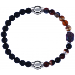 Apollon - Collection MiX - bracelet combinable pierre de lave 6mm - 10,25cm + agate marron 6mm - Bouddha - 10cm