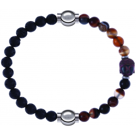 Apollon - Collection MiX - bracelet combinable pierre de lave 6mm - 10,25cm + agate marron 6mm - Bouddha - 10cm