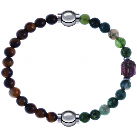 Apollon - Collection MiX - bracelet combinable oeil de tigre 6mm - 10,25cm + agate verte 6mm - Bouddha - 10cm